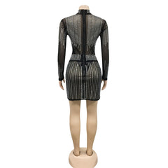 Mesh Rhinestones Crop Top And Side Slit Skirt Set