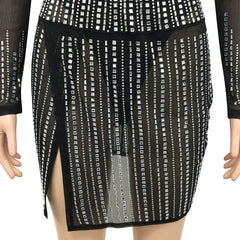 Mesh Rhinestones Crop Top And Side Slit Skirt Set