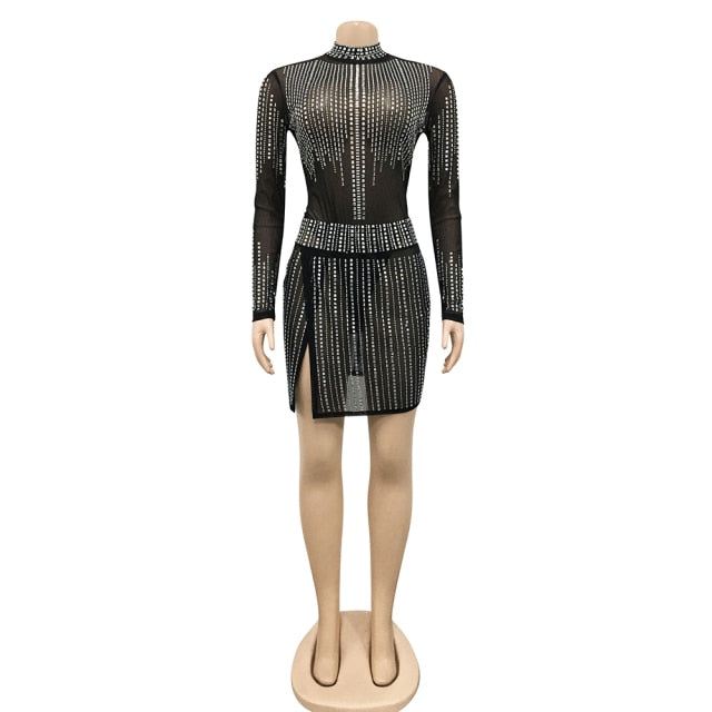 Mesh Rhinestones Crop Top And Side Slit Skirt Set