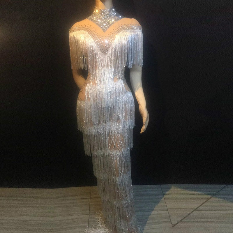 Shining Rhinestone White Fringes Perspective Long Dress