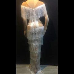 Shining Rhinestone White Fringes Perspective Long Dress