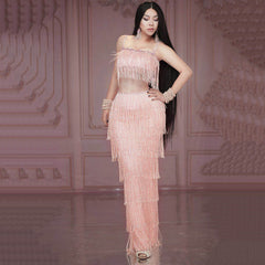 Pink Tassel Sleeveless Long Dress