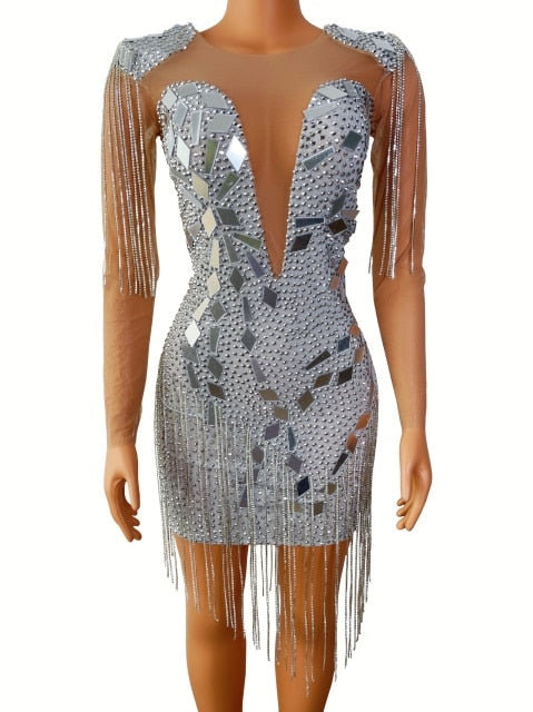 Silver Mirrors Crystals Chains Mesh Dress