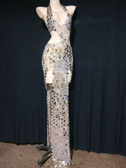 Sparkly Silver Mirror Rhinestone Hollow Long Dress