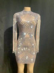 Silver Rhinestones Dress Mesh Crystals Fringes Dress