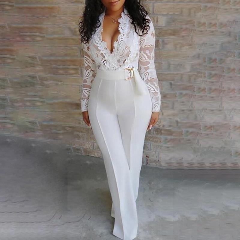 White Jumpsuit Women Lace Stitching Long Sleeve V-neck