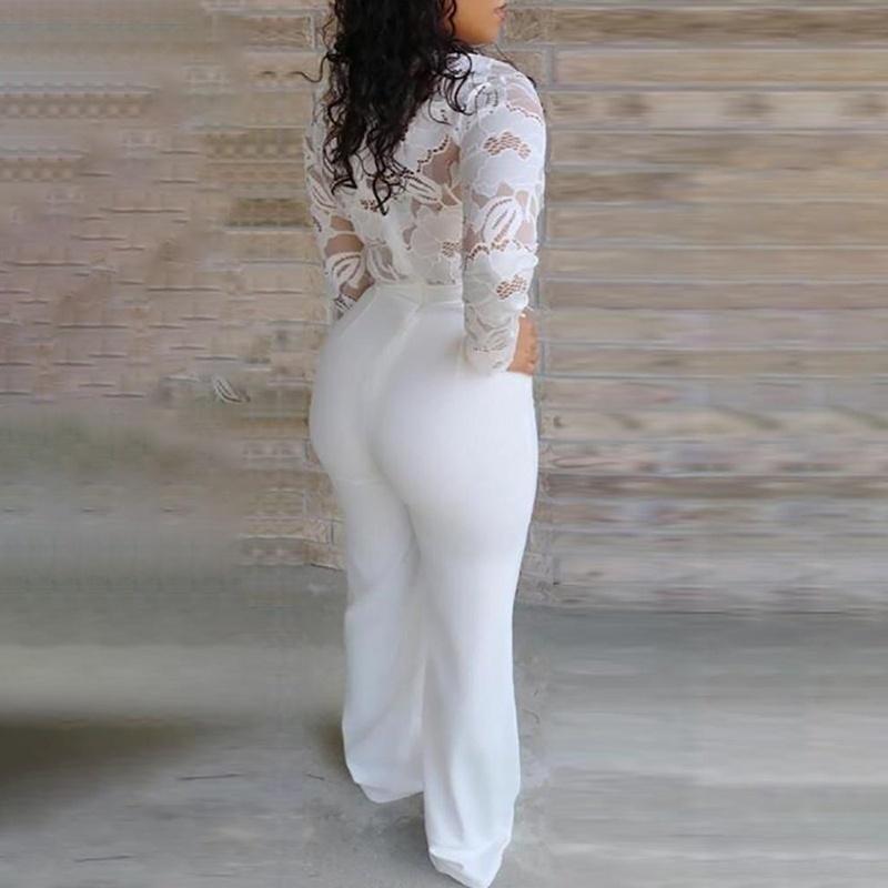 White Jumpsuit Women Lace Stitching Long Sleeve V-neck