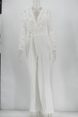 White Jumpsuit Women Lace Stitching Long Sleeve V-neck
