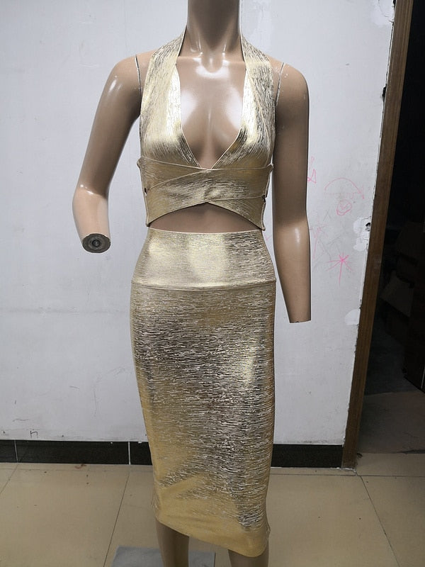 Gold 2 Pieces Set Knee Length Bodycon Dress