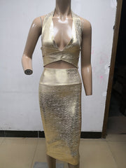 Gold 2 Pieces Set Knee Length Bodycon Dress